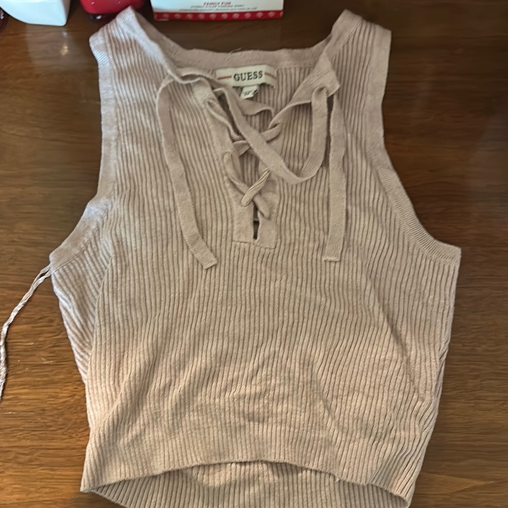 Guess Pink Ribbed Tie Front Tank Top